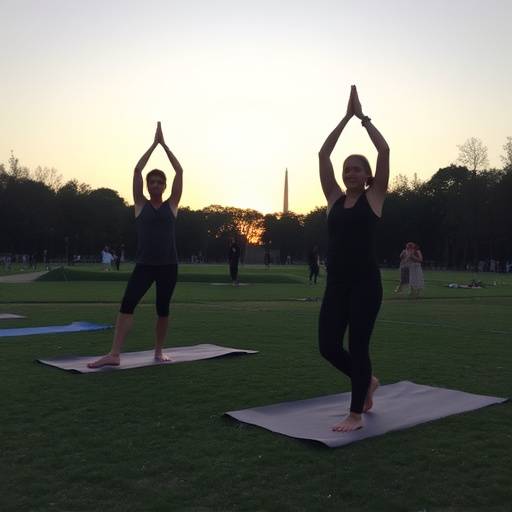 Un gruppo di persone pratica yoga all'alba nel Parco Sempione di Milano.