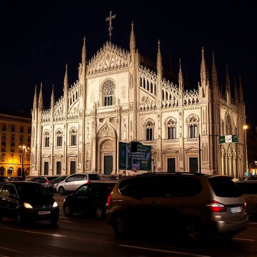 Un'immagine del Duomo di Milano illuminato di notte, con traffico sullo sfondo